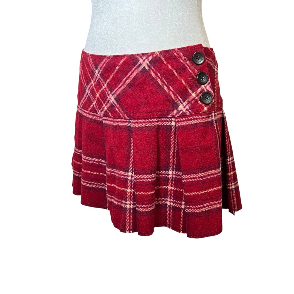VTG Y2K Abercrombie & Fitch Pleated Wool Micro Mini Skirt Red Plaid Button Sz 10 - Picture 5 of 10